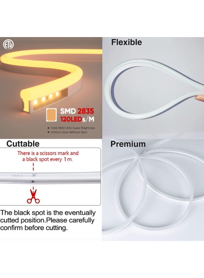 LED Neon Rope Light 50 متر إضاءة بيضاء دافئة، شريط نيون مرن قابل للقص AC 220-240V، مقاوم للماء للاستخدام الخارجي مع قابس طاقة 220 فولت - Image 3